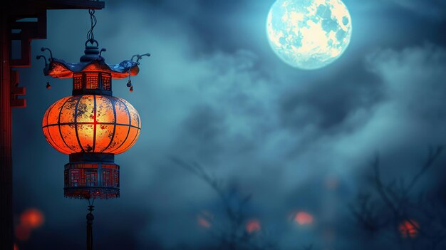 Photo la lanterne avec la lune qui brille en arrière-plan