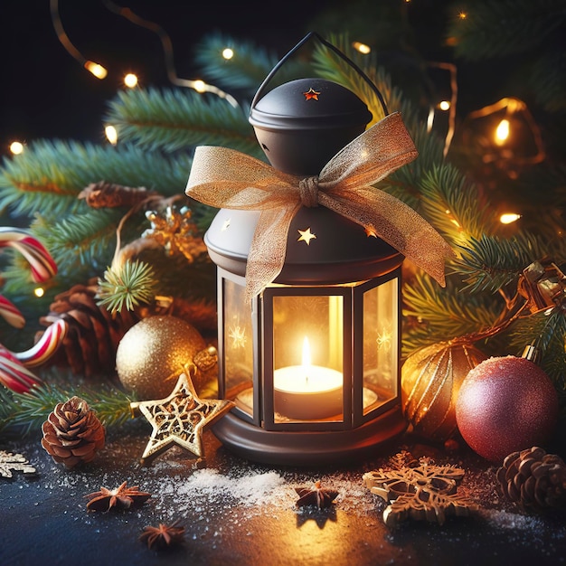 Lanterne de Noël avec branches de sapin et décoration de Noël