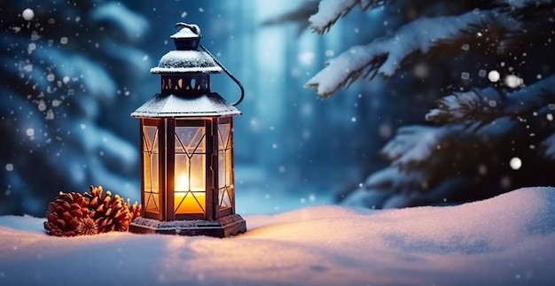 Lanterne de Noël sur la neige avec une branche de sapin dans la scène du soir Generative AI