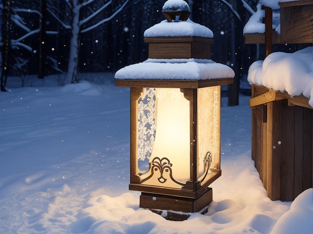 Lanterne de Noël sur la neige avec une branche de sapin dans la scène du soir