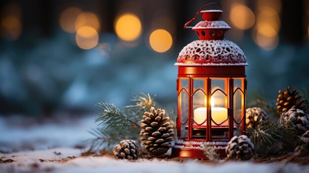 Lanterne de Noël sur la neige avec fond bokeh