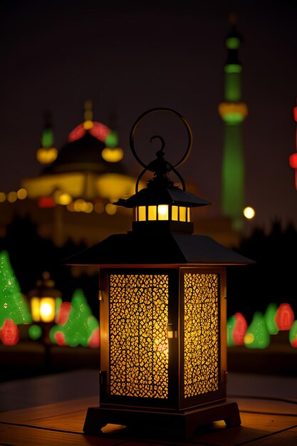 Lanterne orientale ornée traditionnelle avec de beaux bokeh de lumières de fête et de mosquée