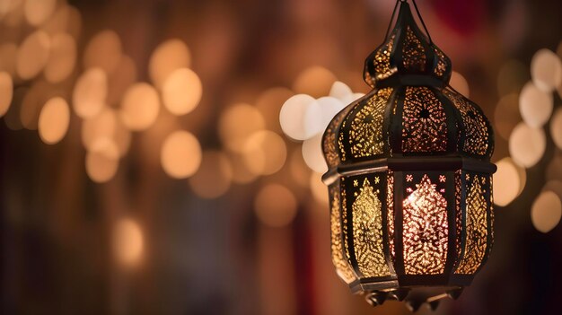 Lanterne orientale traditionnelle ornée d'origine avec un beau bokeh de lumières de vacances à l'arrière-plan Concept de Ramadan musulman généré par l'IA