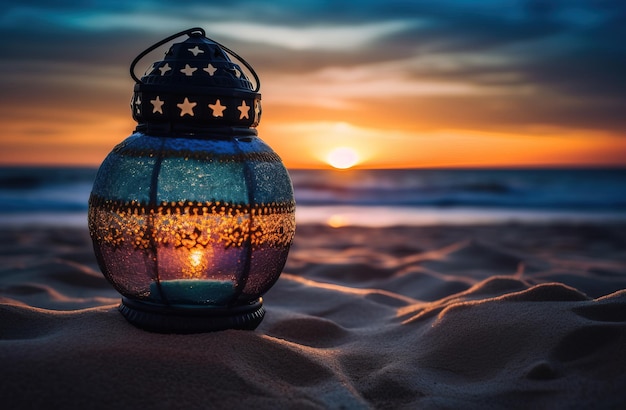 Une lanterne sur la plage au coucher du soleil