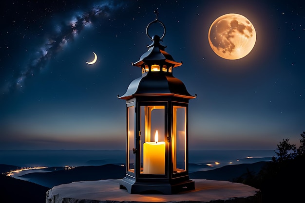 une lanterne avec une pleine lune en arrière-plan