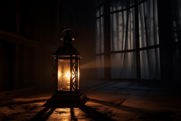Une lanterne projetant des ombres dans une pièce faiblement éclairée, symbole 00275 02