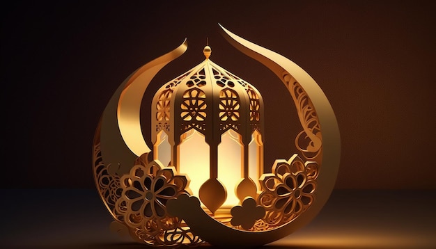 Une lanterne de ramadan dorée et noire avec un croissant de lune en arrière-plan.
