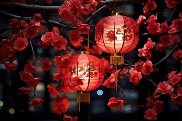 Photo lanterne rouge chinoise dans la nuit créée avec l'ia générative