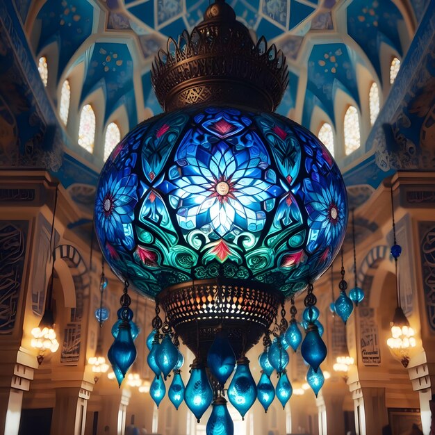 Une lanterne rouge à l'intérieur d'une mosquée a une lumière dessus