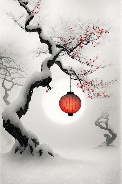 Lanterne rouge suspendue à un arbre couvert de neige ai générative