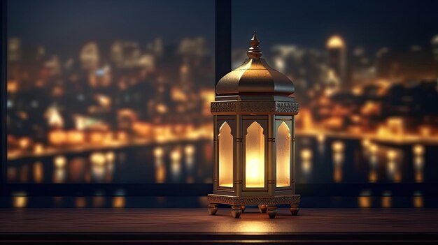 Lanterne rougeoyante arabe avec des lumières floues dans l'espace de copie d'arrière-plan pour le texte