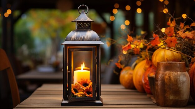 Photo une lanterne rustique éclaire la table d'automne