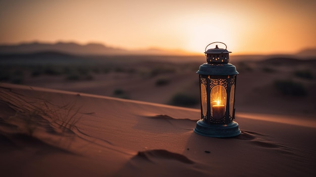 Une lanterne se trouve dans le sable au coucher du soleil.