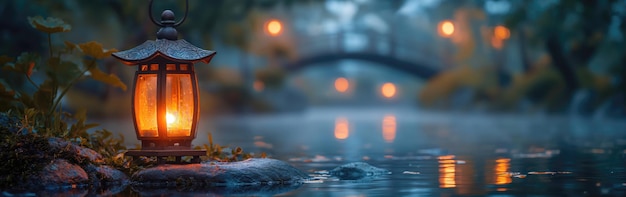 Une lanterne sereine flottant dans les eaux calmes près d'un pont paisible