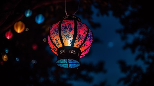 Une lanterne suspendue à un arbre la nuit avec les mots lanterne chinoise dessus.