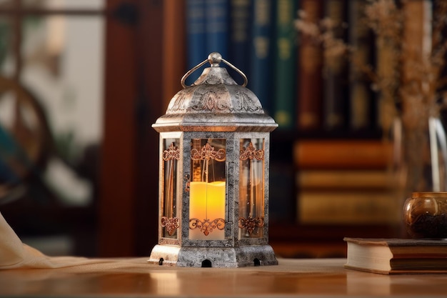 Une lanterne sur une table avec des livres sur la table