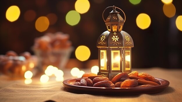 Une lanterne sur une table avec une plaque de dattes sur elle avec des lumières bookeh