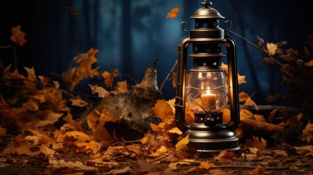 Une lanterne vintage entourée de feuilles mortes
