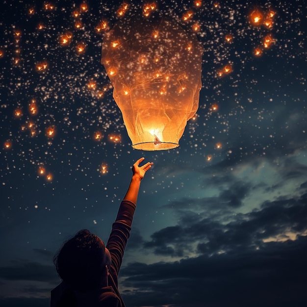 Photo lanterne volante dans le ciel sombre les gens avec leurs parents et leurs amis lancent des lanternes traditionnelles