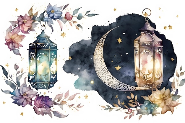 Lanternes aquarelles avec une lune et des étoiles.