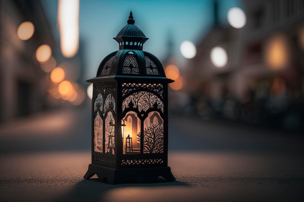 lanternes arabes et dates avec fond de mosquée bookeh, ai créative