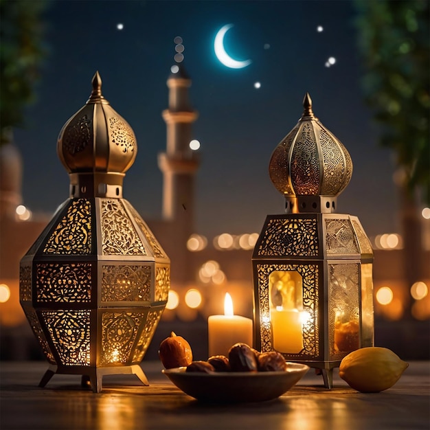 Lanternes arabes et dattes avec fond de mosquée bookeh