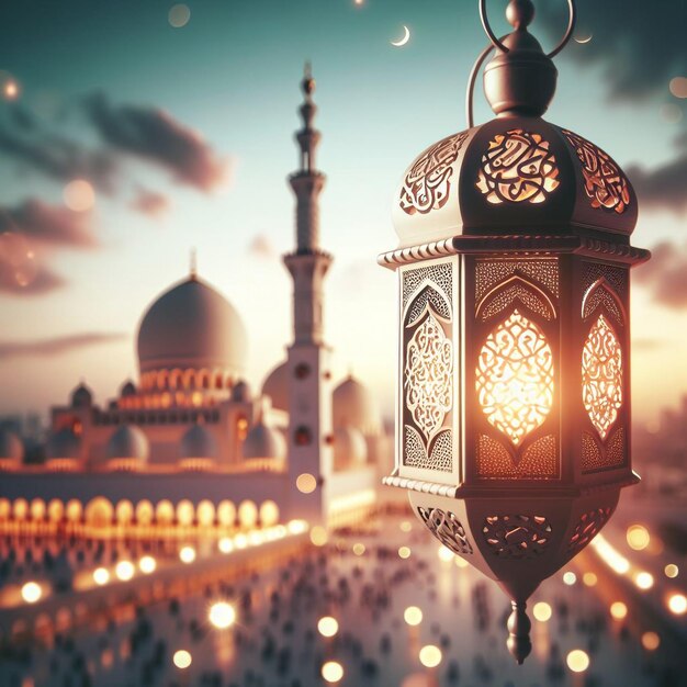 Lanternes arabes et dattes avec fond de mosquée bookeh