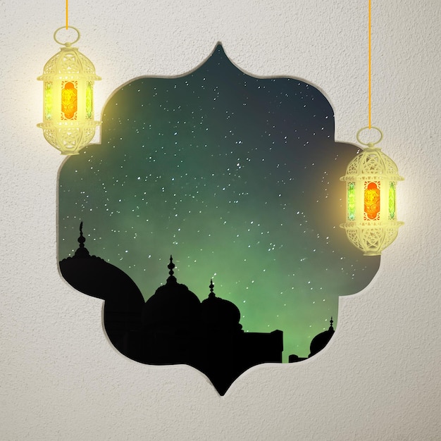 Lanternes arabes traditionnelles brillantes suspendues avec des motifs islamiques et des silhouettes d'une mosquée sur le fond de la scène nocturne Copier l'espace Concept de religion Spirituel ou Ramadan