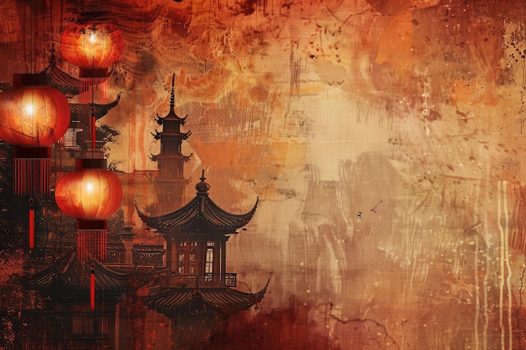 Photo des lanternes asiatiques enchanteuses et une illustration de pagode