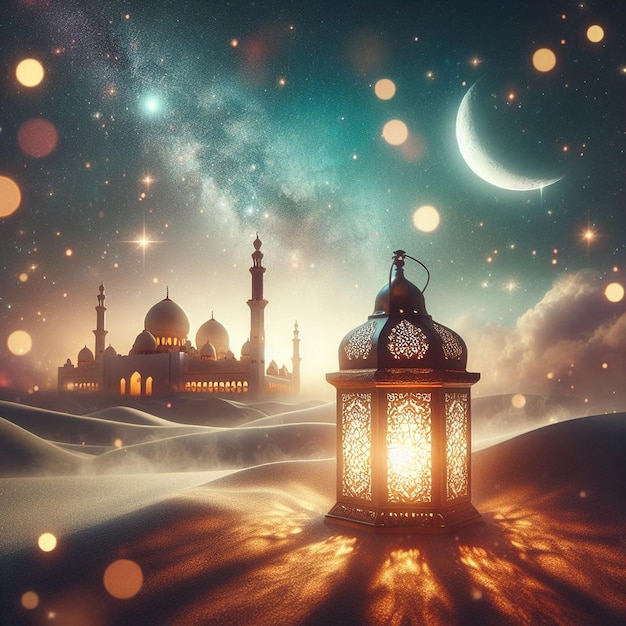 des lanternes au-dessus du désert avec un croissant de lune et une galaxie en arrière-plan Ramadan Kareem et Eid al