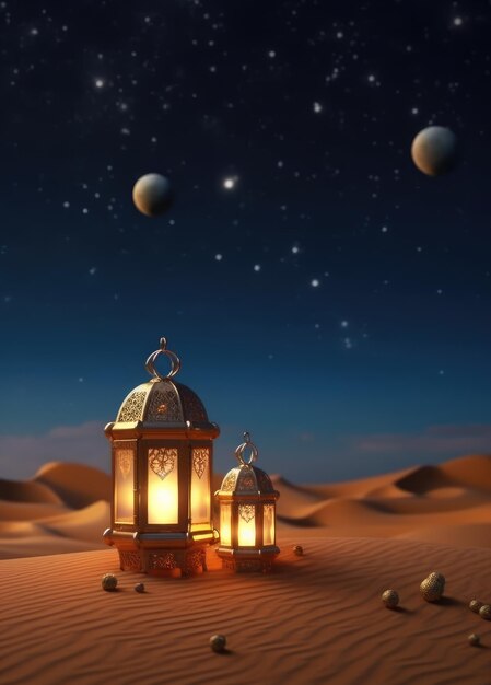 Lanternes de bénédictions Sérieux Eid Mubarak Arrière-plan avec une lune au croissant minimal