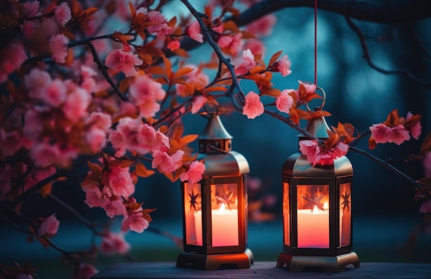 Photo lanternes de bougies rouges sur la branche d'un arbre asiatique avec des fleurs roses
