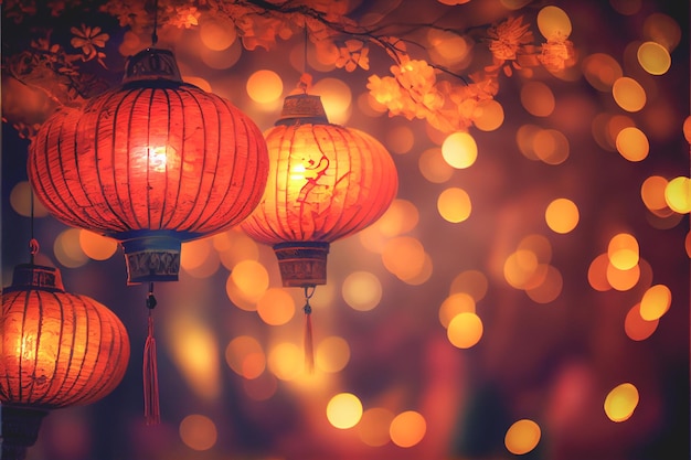 Les lanternes célébrant le Nouvel An chinois sont illuminées sur un fond de lumière rouge bokeh