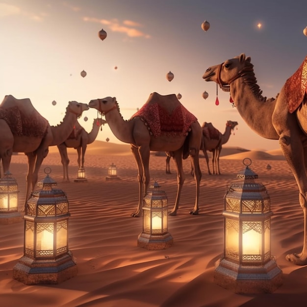 Lanternes et chameaux dans le désert générés par l'IA