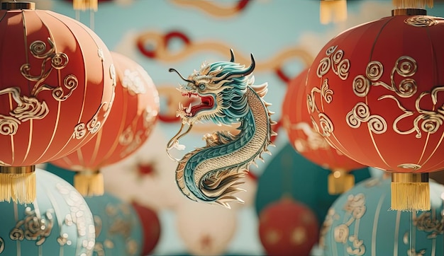 lanternes chinoises et un dragon en arrière-plan