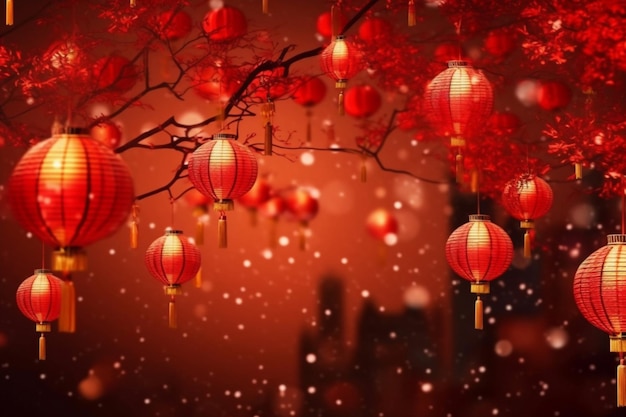 Des lanternes chinoises pendent sur un fond rouge 1