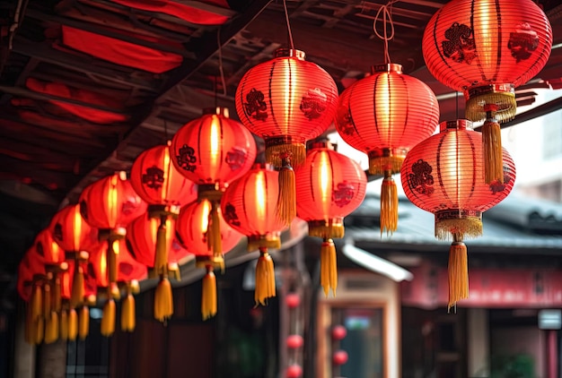 Lanternes chinoises rouges suspendues à l'extérieur comme une guirlande