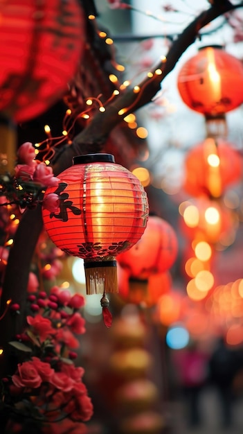 Lanternes chinoises le soir dans les rues de la ville espace de célébration du Nouvel An chinois pour le texte