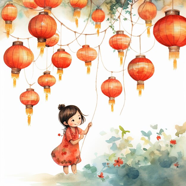 Lanternes chinoises style d'illustration de livre pour enfants sur fond blanc