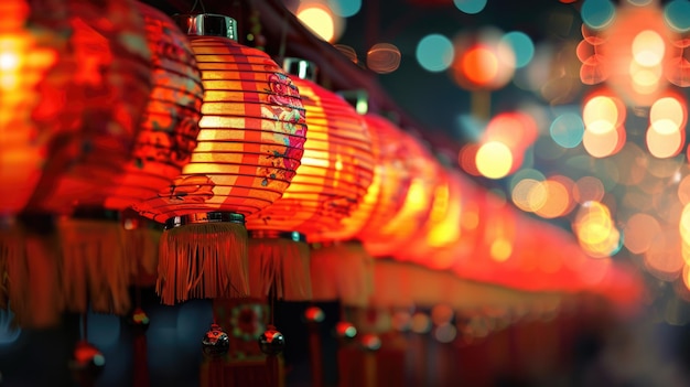 Des lanternes chinoises traditionnelles accrochées à l'extérieur la nuit