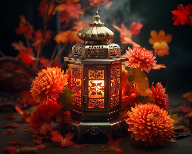 Lanternes et chrysanthèmes pour la fête du milieu de l'automne