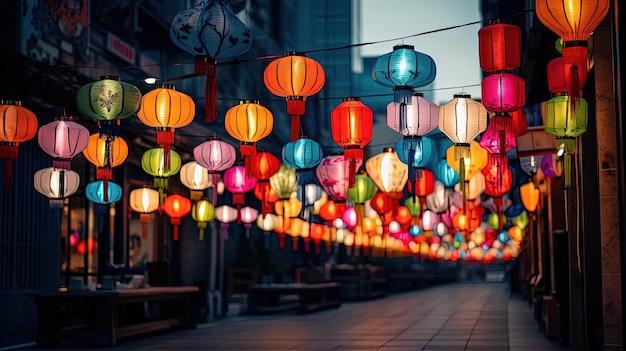 des lanternes colorées accrochées dans la rue dans le style d'inspiration asiatique