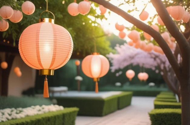 Des lanternes de couleur pêche pastel accrochées dans un jardin avec des buissons verts Peach Fuzz.