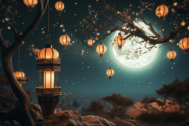 Photo lanternes et croissant de lune avec espace de copie