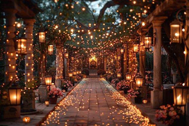 Des lanternes décorent la passerelle du jardin.