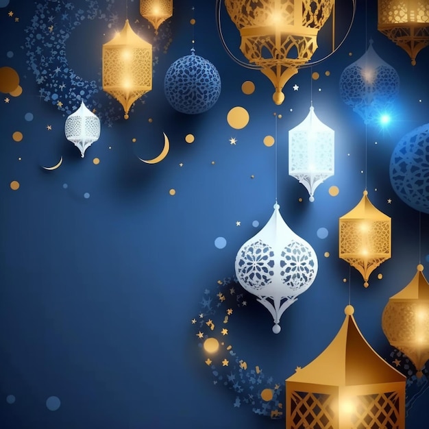 Lanternes dorées et blanches ramadan islamique tombant confettis fond bleu