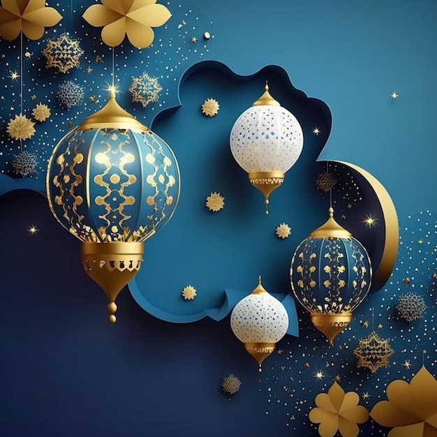 Lanternes dorées et blanches ramadan islamique tombant confettis fond bleu