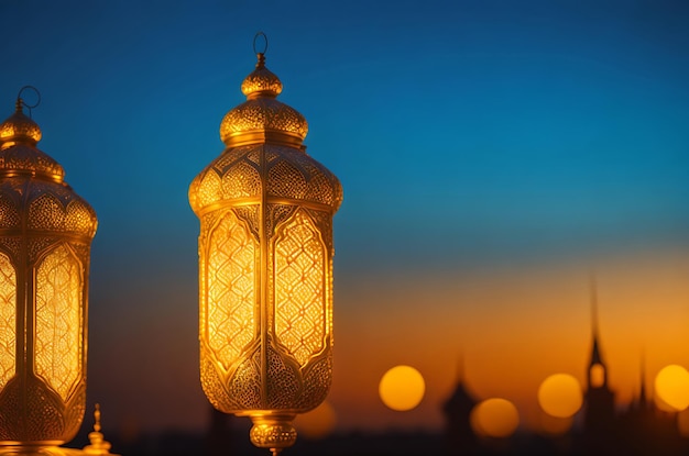 Lanternes dorées avec ciel crépusculaire et fond clair bokeh de la ville pour la fête musulmane du mois sacré