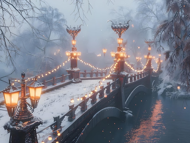 Des lanternes doucement brillantes mènent à travers le pont de glace.