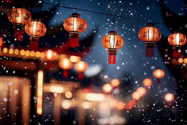 Photo lanternes du nouvel an chinois accrochées dans la rue avec de la neige en arrière-plan ai générative